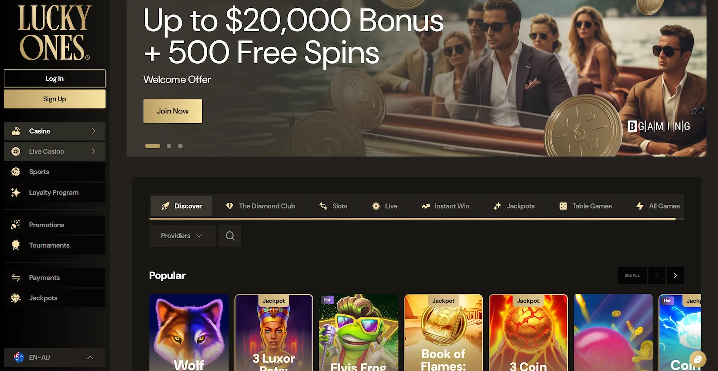 LuckyOnes casino page featuring welcome offer, popular online pokies and site navigation